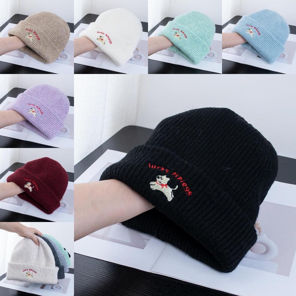 Knit Hat With Embroidered Dog And Alphabet Letters For Winter Warmth And Casual Style