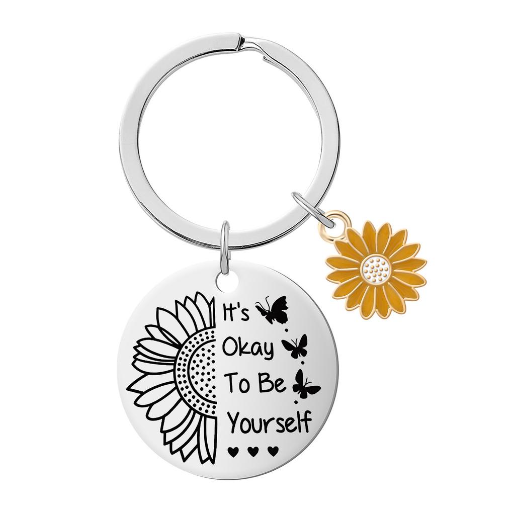 Stainless Steel Keychain Gift for Daughter Friends Sunflower Inspirational Commemorative Gift Key Pendant Keychain for Backpack Bag Pendant