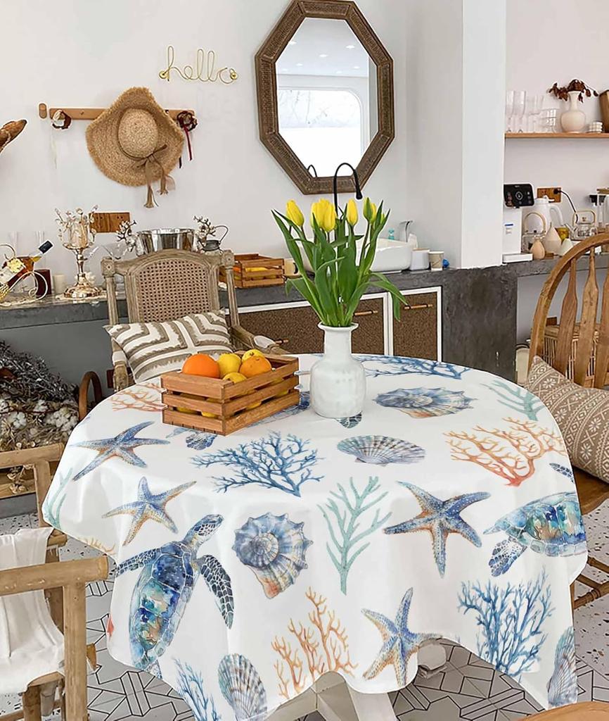 Beach Sea Turtle Coral Shell Starfish Rectangle Tablecloth Table Decor Reusable Kitchen Dining Tablecloth Holiday Party Decor