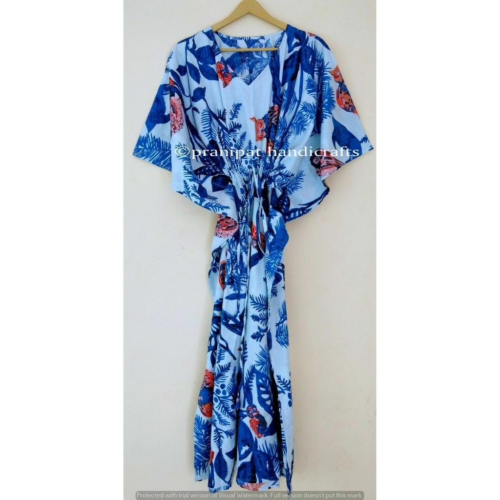 Damen Baumwoll-Nachtwäsche Blau Lang Eulen-Print Übergröße Maxi Überwurf Kaftan Kleid CKFTN-SCRN-FULL-BUYIT-051