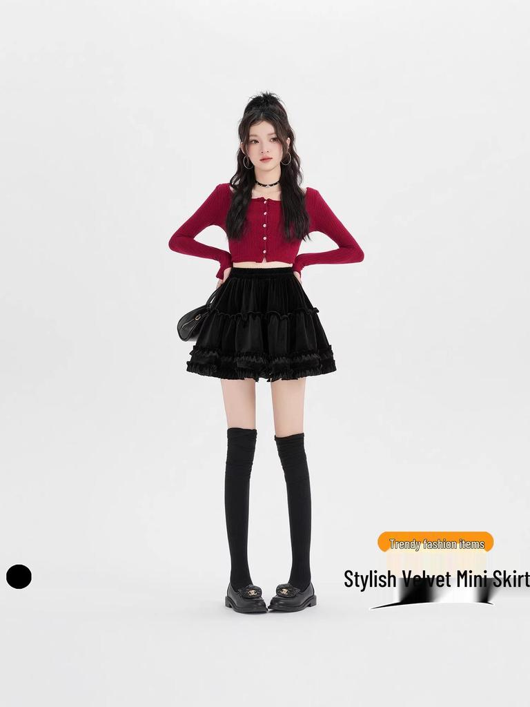 High-Waist Velvet A-Line Fluffy Skirt for Women - Autumn/Winter Collection