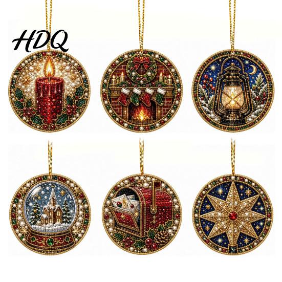2D Acrylic Santa Ornaments 6 Pcs Christmas Pearl Art Ornaments Flat Holiday Tree Pendant Creative Effect Hanging Decoration for Home Wall