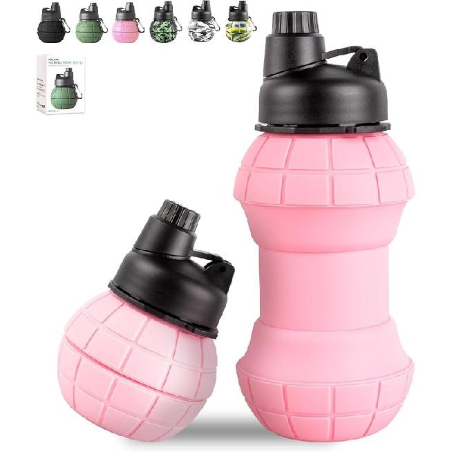 Collapsible Travel Water Bottles, 550ml Silicone Foldable Grenade Type Water Bottle, Leakproof Portable Expandable Water Bottles for Traveling, розовый
