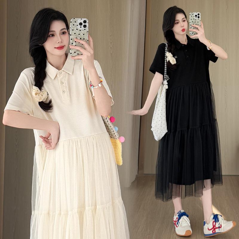 2026 Korean Style Summer Mesh Patchwork Maternity Dress