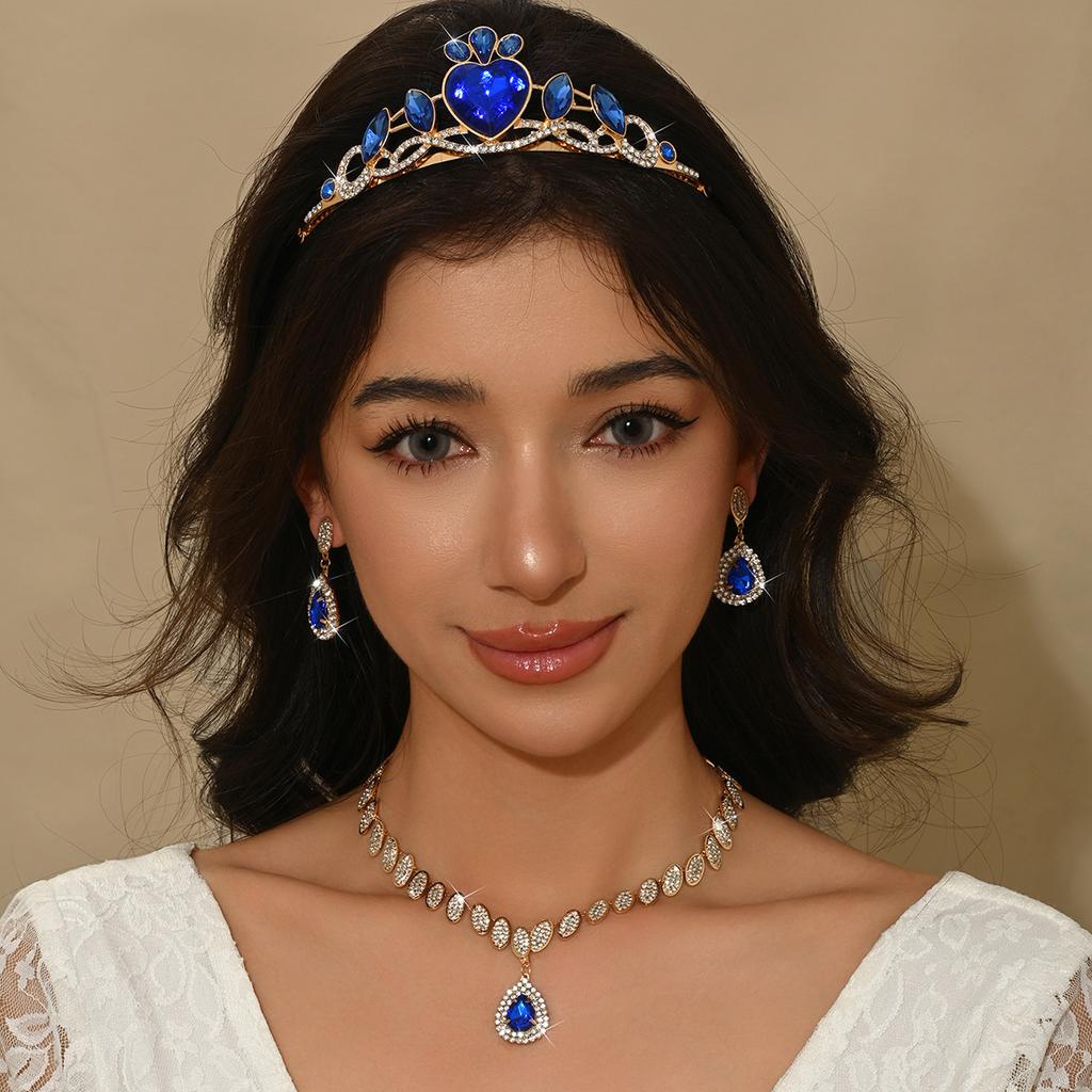 Bridal Crown Headgear Alloy Big Crown Wedding Headgear Three-Piece Birthday Crown Hair Accessories Necklace