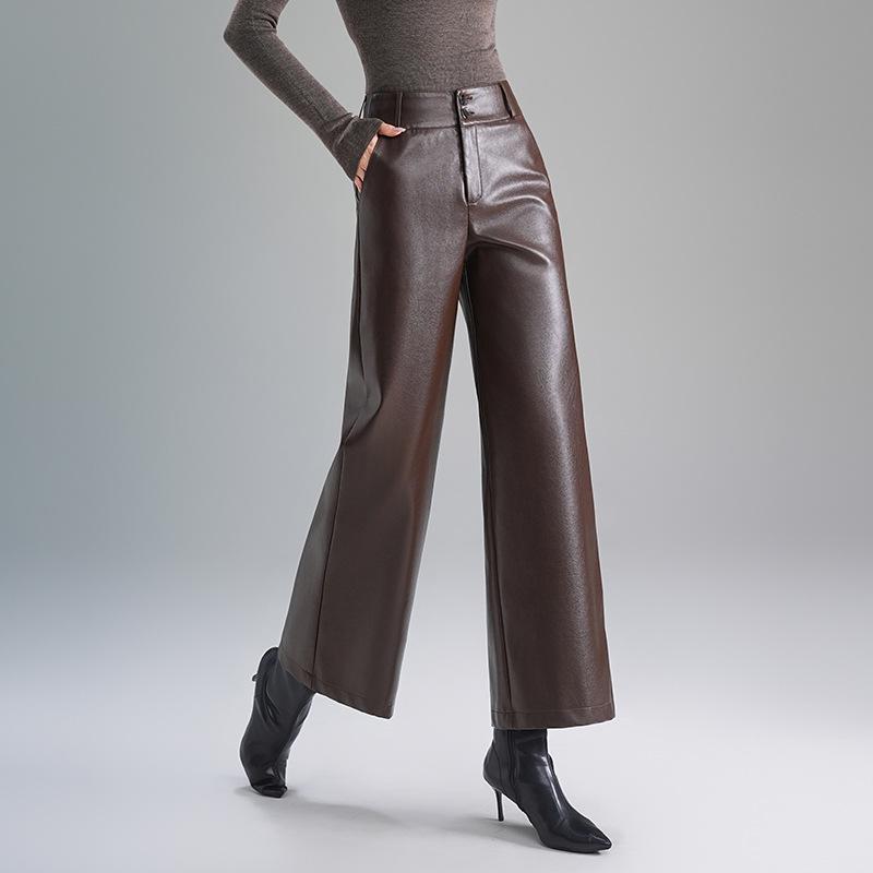 Pantaloni de damă din piele de oaie cu talie înaltă Toamnă/Iarnă 2025: Casual, Larg, Drapat Stil Drept cu Picior Larg Lungime Nouă Puncte