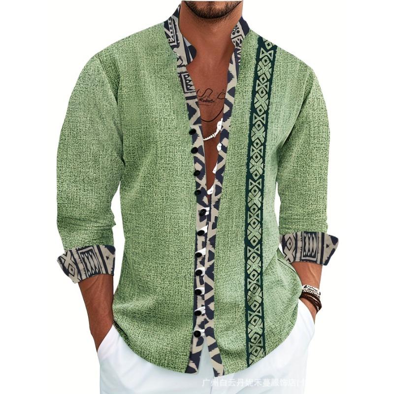 Men S Long Sleeve Chinese Style Button Placket Printed Shirt
