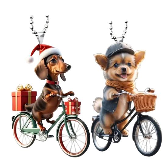 Christmas Ornament Funny Bicycle Dog Pendant Acrylic 2D Cartoon Animal Hanging Decoration for Xmas Tree Home Car Decor