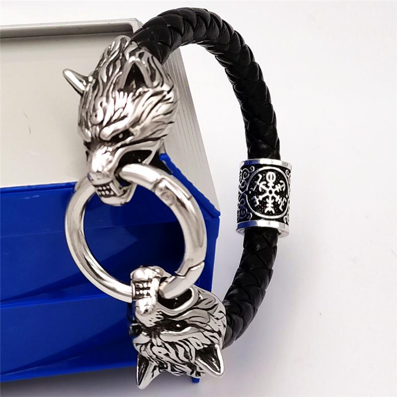Wolf Head Bracelet Stainless Steel Viking Rune Bead Leather Bracelet Jewelry For Women Men Unisex Gift