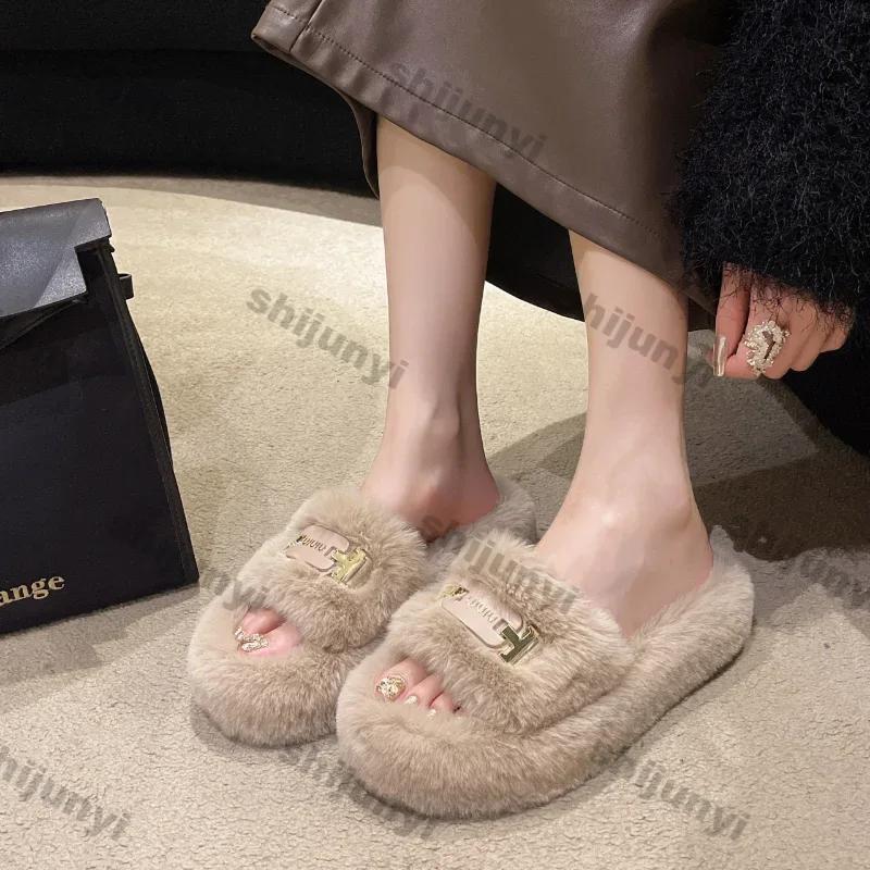 Fashion Women Fashion Fluffy Furry Slippers Autumn Winter Cozy Open Toe Trend Plush Home Shoes Woman Outdoor Flat Heel Warm Fur Slides