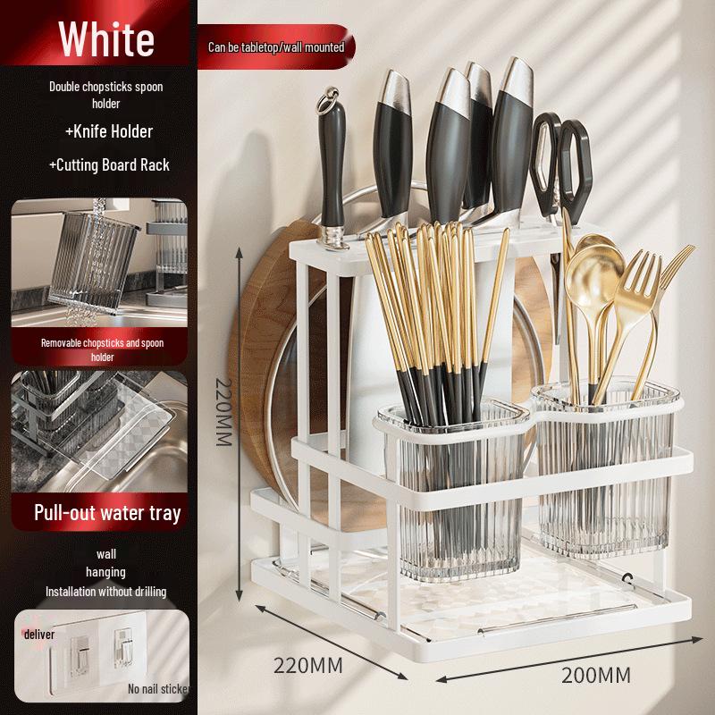 Wall-Mounted Multifunctional Cutlery Rack: Integrated Chopstick Holder & Knife Organizer with Drainer