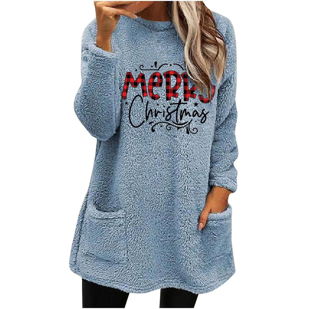 European & American Women's Christmas Letter Print Round Neck Loose Long Sleeve Plush Hoodie with Pockets