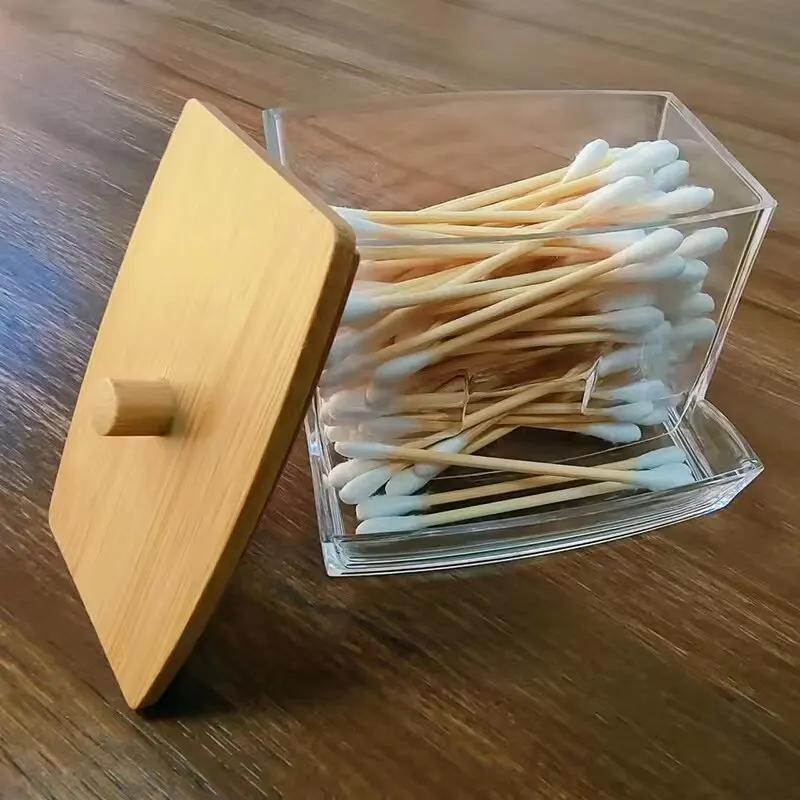 Cotton Swab Box - Transparent Bamboo Cover Dustproof Cotton Swab Toothpick Storage Box Multi-Purpose Visible Dispenser