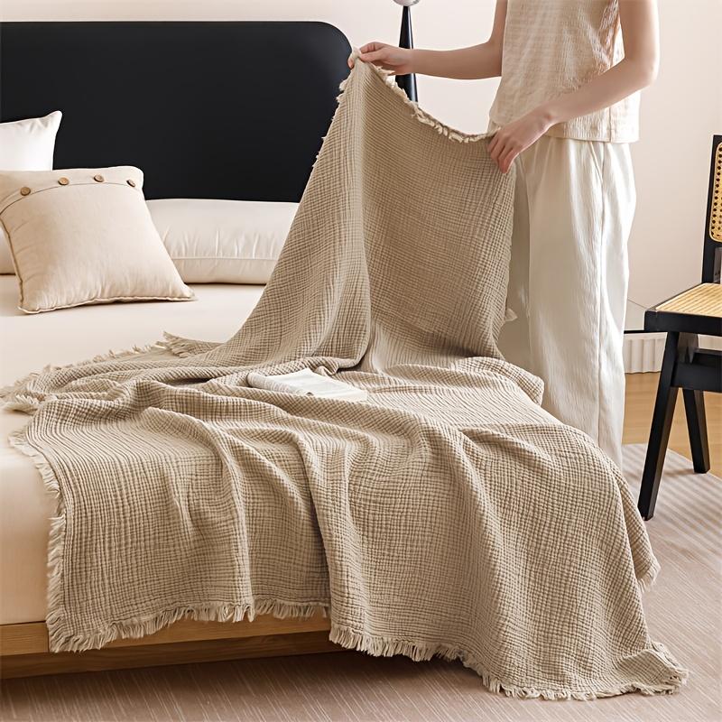 Coperta Morbida Traspirante in Mussola Waffle di Cotone 100% con Frange per Divano Letto Ufficio Viaggio