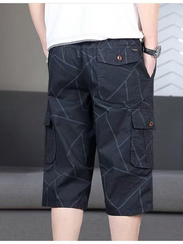 Men's Summer Striped Over-the-Knee Cargo Shorts with Multi-Pockets