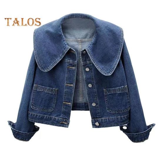 

Женская джинсовая куртка в стиле ретро, однобортная, с кукольным воротником, длинными рукавами, однотонными боковыми карманами, женское пальто для поездок на работу и шопинга S синий