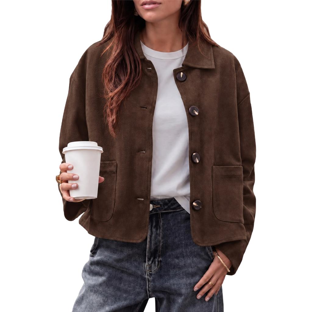 Damen Vintage Cropped Jacke mit Reverskragen Große Taschen Lockerer Drop-Shoulder Schnitt Freizeit-Oberbekleidung