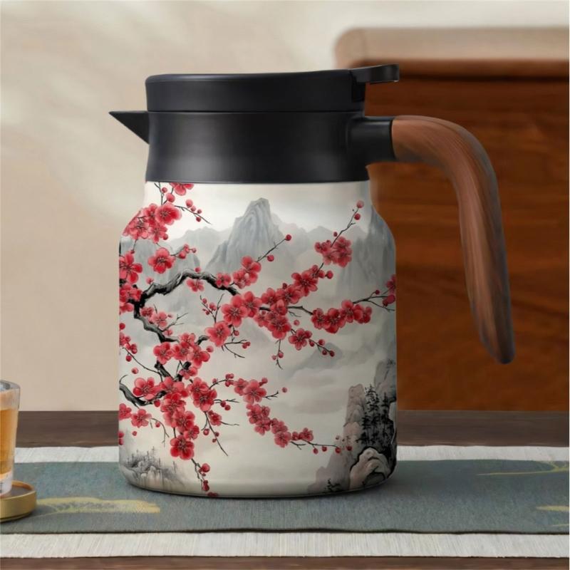 Premium Thermal Florals Teapot 1000ml Removable Infuser Stainless Steels Body And Ergonomic Wooden Handle Teas Kettle