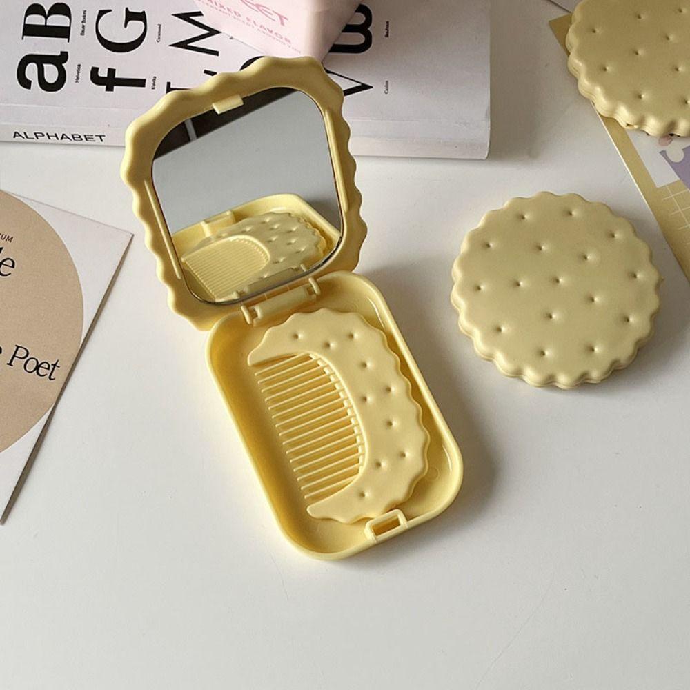 Mini Biscuit Hand-Held Mirror Cheese Biscuit Design Portable Biscuit Make-Up Mirror Plastic Cute Biscuit Pocket Mirror Women