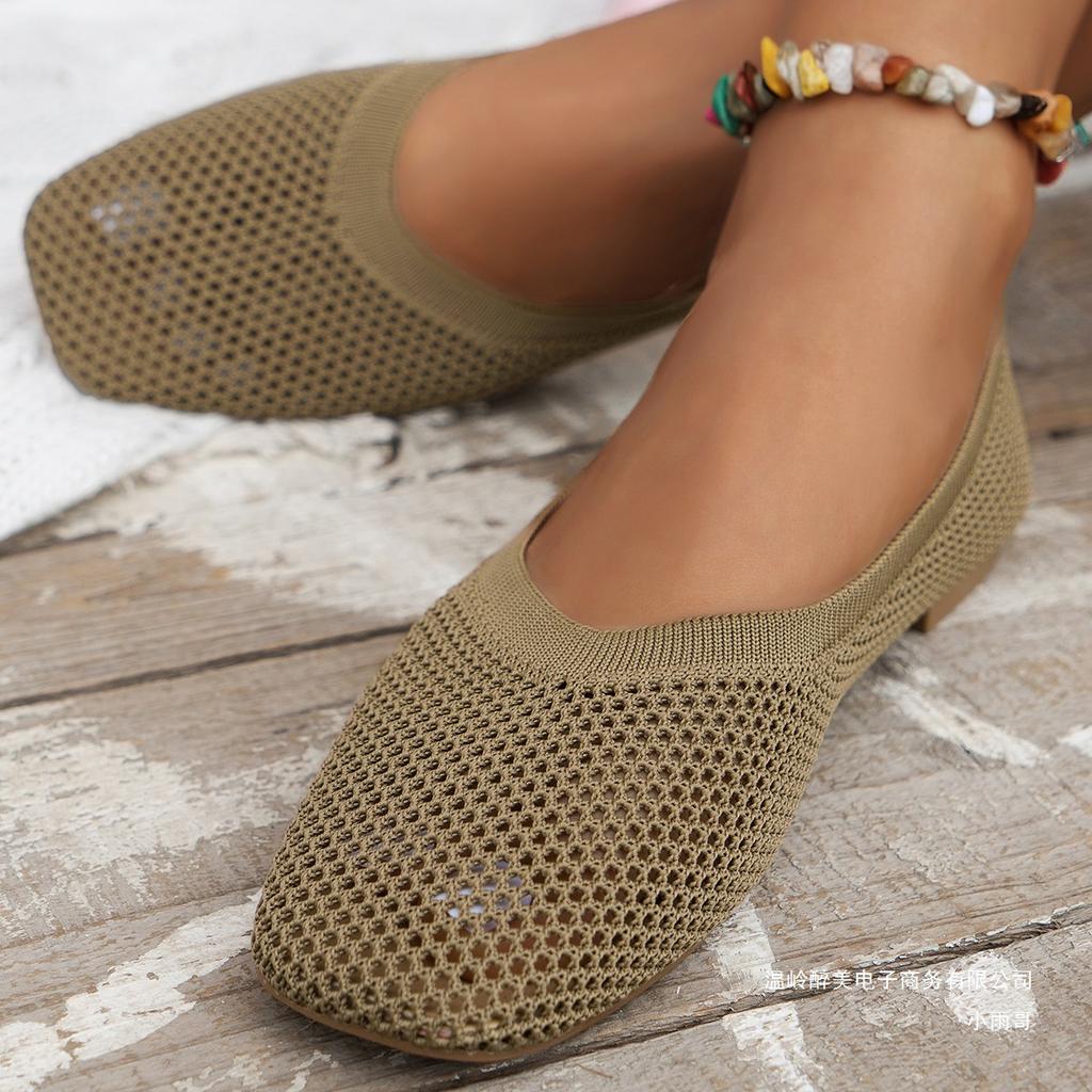 European and American new large-size autumn fly-woven mesh breathable low-top single shoes women's hollow solid-color square-head beanie shoes
