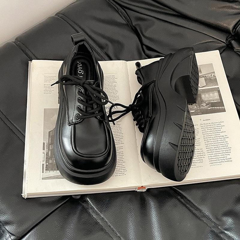 

British casual small leather shoes 2025 autumn new heightened platform wedge heel small lace-up loafers single shoes 39 матовый черный
