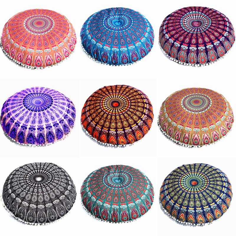 43/80cm Mandala Pattern Floor Pillowcase Round Bohemian Meditation Seat Cushion Cover Pouf Case Retro Feather Printed Home Decor