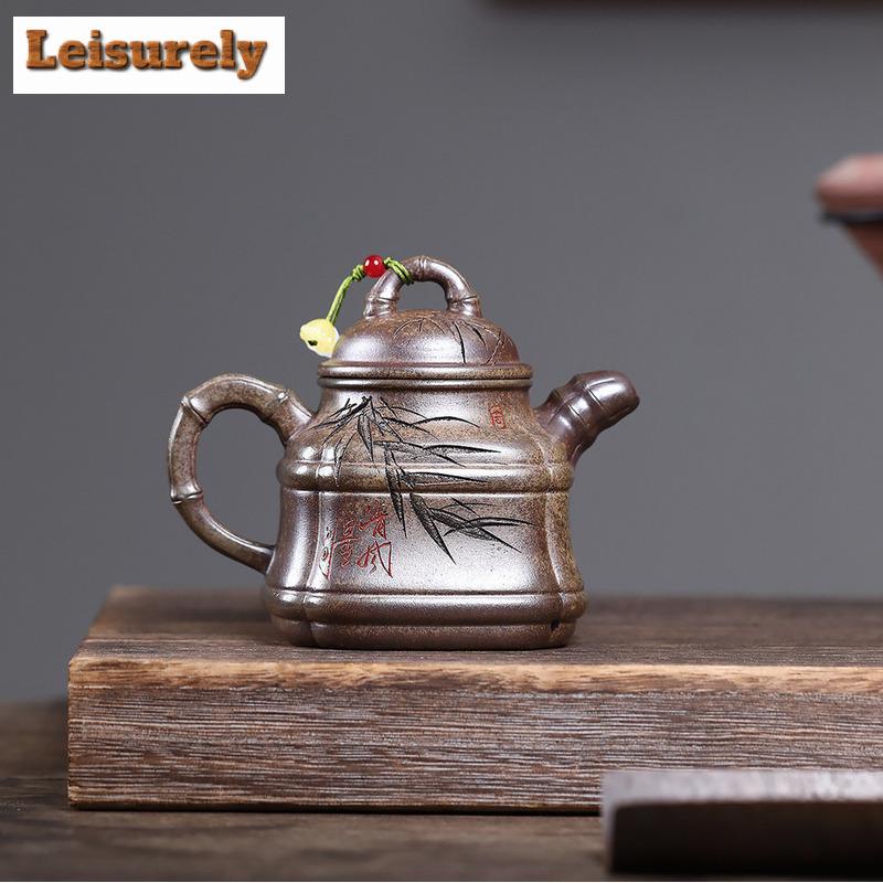300ml Yixing Purple Clay Teapots Handmade Bamboo Tripod Pot Raw Ore Wood-fired Porcelain Mud Kettle With Filter Zisha Tea Set