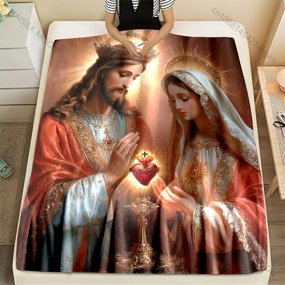 

1PC Crowned Sacred Heart religious figures Print Blanket Warm Soft Fluffy Kids Adult Sofa Bed Throw Blanket Travel Camping RV 75x90cm