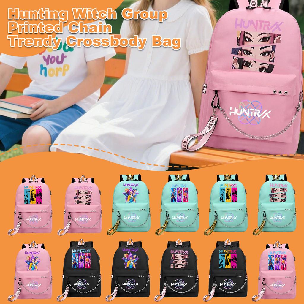 Witch  Girl Group Print Student Backpack Iron Chain Trendy Backpack USB Backpack
