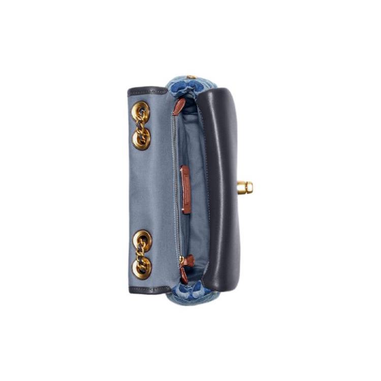 New COACH Pillow Denim With Leather Chain Bag, Crossbody Bag, Shoulder Bag Women's Marine Blue CA104-B4UDF