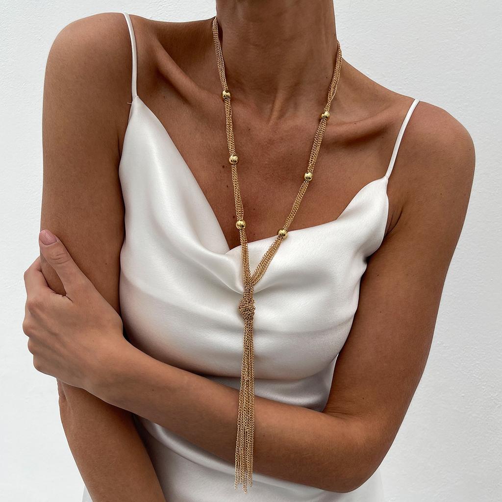 Fashion Style Metal Chain Knotted Fringed Necklace, Personalized Long Ccb Round Bead Necklace For Women