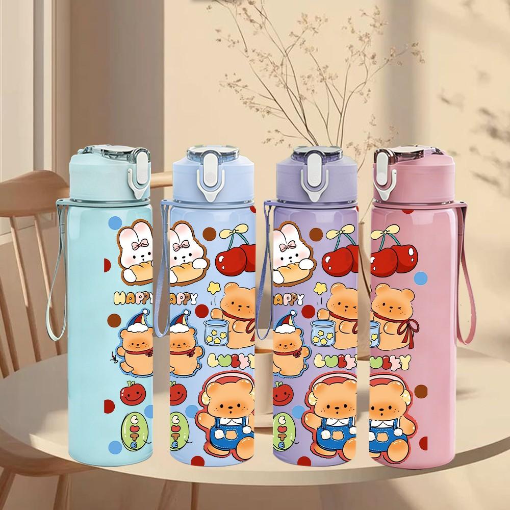 1PC Multi Character Bear Collage Print 750ml Color Plastic Sports Water Bottle Leakproof Flip Straw Lid Suitable for Sports Office Home Use