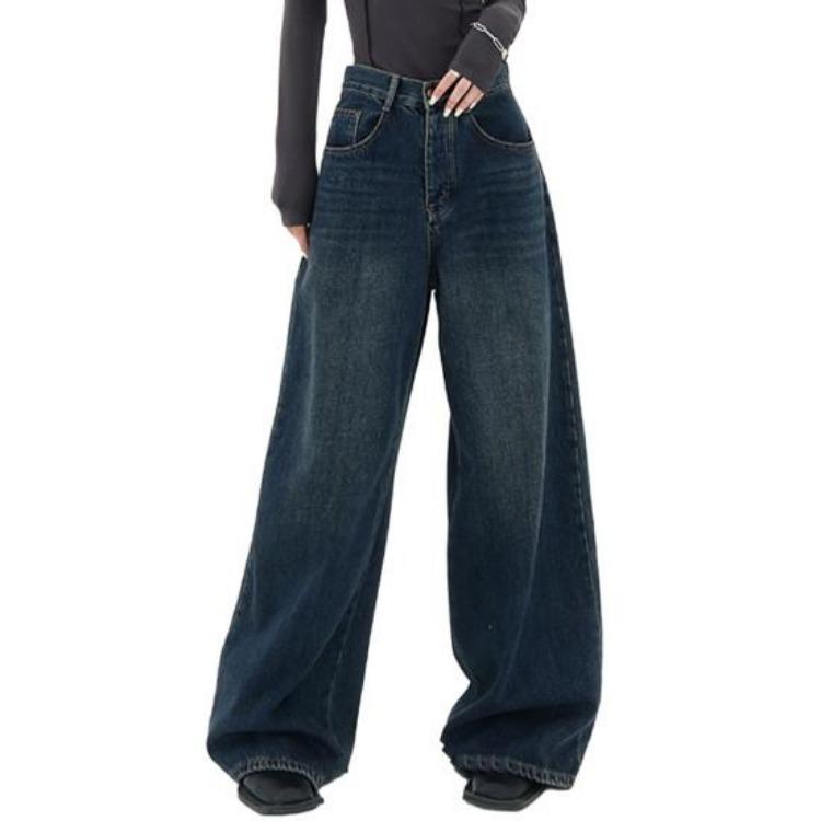 

Oversized Dark Color Retro Jeans High Waist Straight Wide Leg Long Pants Streetwear Denim with Pockets S темно-синий