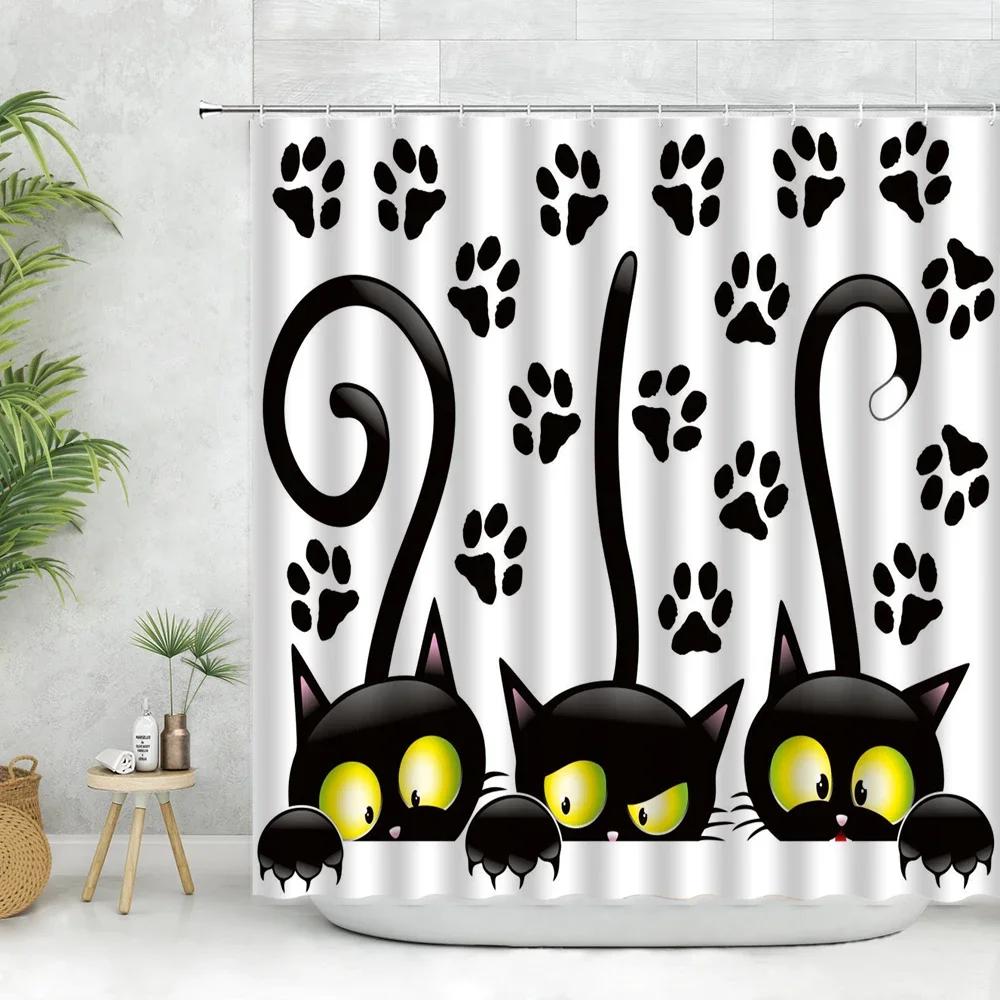 Three Funny Naughty Black Cat Shower Curtain Scratching The Wall with His Paws Fabric Bathroom Decor Set Hooks White and Black