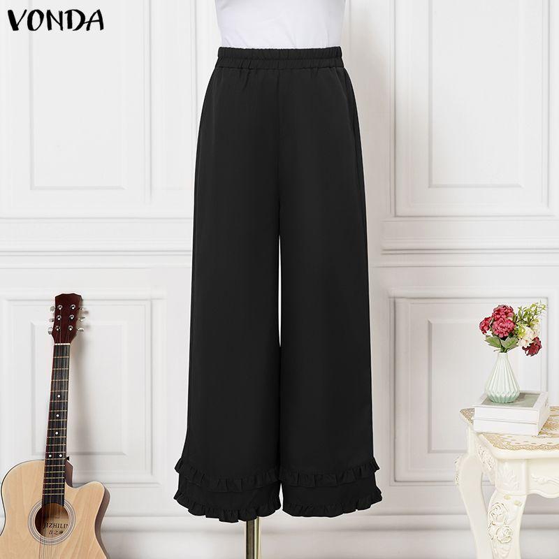 VONDA Women Casual Elastic Waist Casual Nonelastic Wide Leg Pants Ruffled Hem Trousers