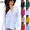 Women's Autumn Collection: Low-cut, Rhinestone, High-neck, Solid-color Lotus Leaf Long-sleeved Shirt for Women