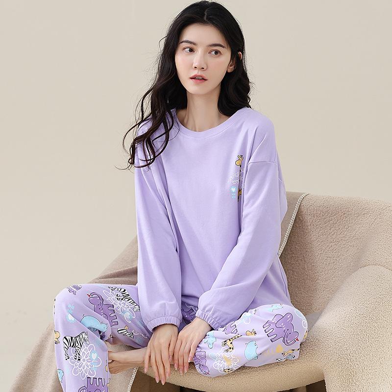 Women's Korean-Style Pure Cotton Printed Long Sleeve Pajama Set for Autumn/Spring