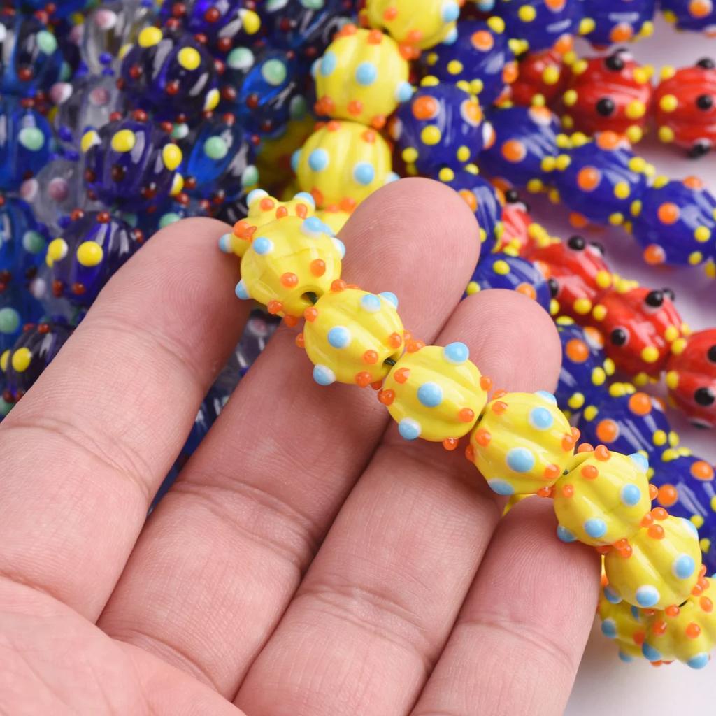 10pcs 12mm Round Pumpkin Shape Spots Handmade Lampwork Glass Charm Loose Beads for Jewelry Making Accessories DIY Crafts Findings