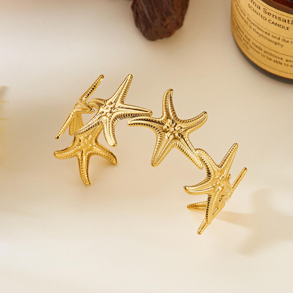 Stainless Steel Vintage Exaggerated Wide Cuff Bangle for Women Gold Color Starfish Shell Geometric Bracelet Beach Party Jewelry