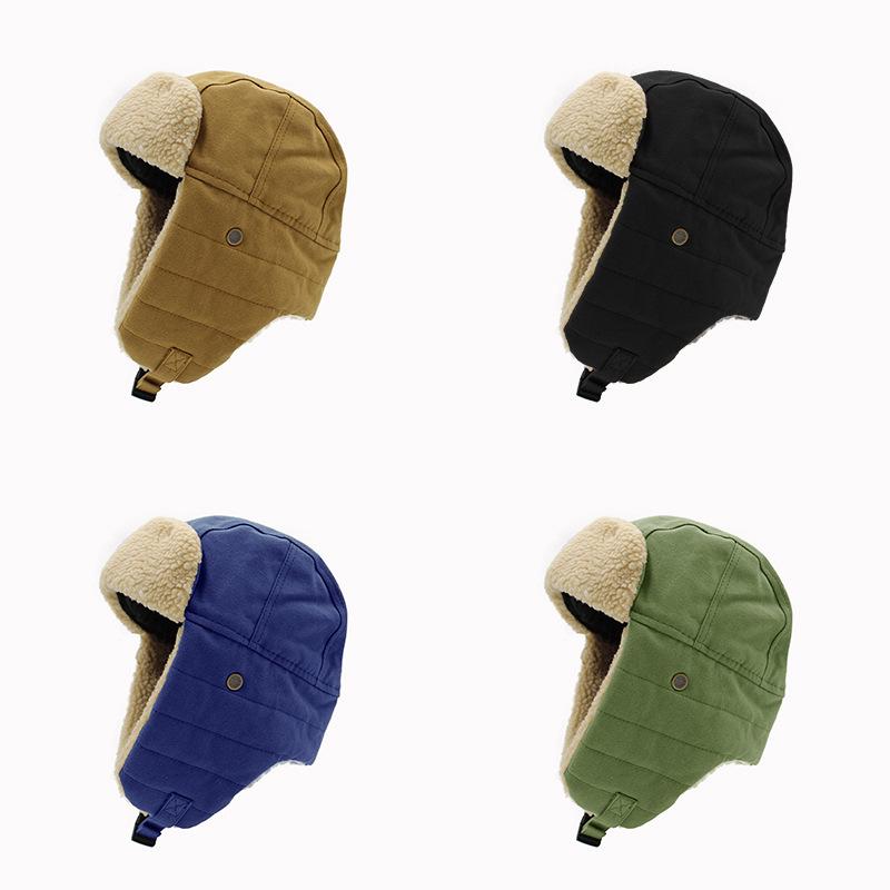 Retro Lamb Wool Canvas Lei Feng Hat with Ear Protection, Velvet-lined, Solid Color, Thickened for Warmth