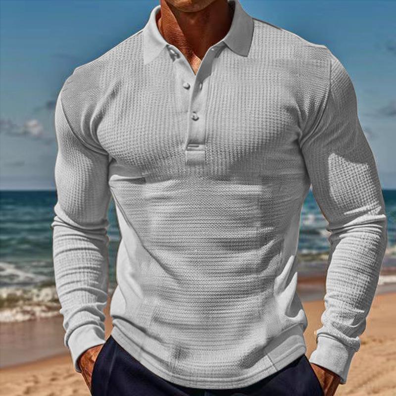 New Men's T-Shirt: Waffle Weave Casual Collared Button-Down Slim-Fit Long-Sleeved Polo Shirt