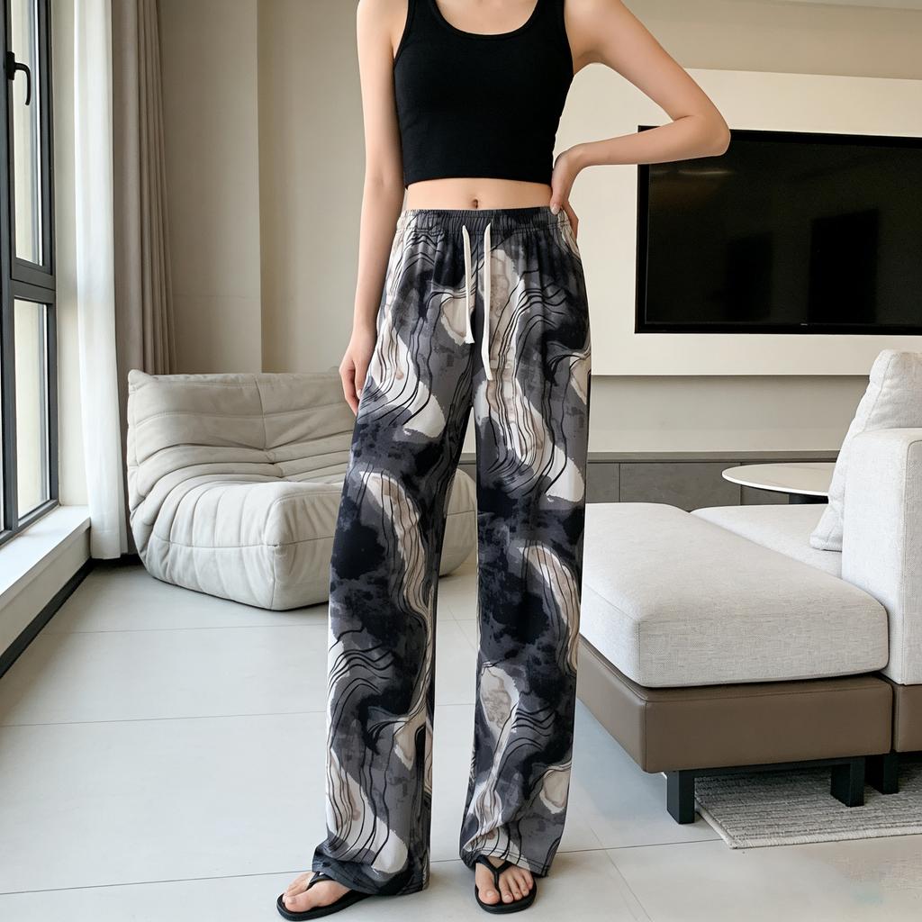 Ice silk wide-leg pants women's summer thin new Chinese ink cool pants high-waisted casual pants trousers women's clothing