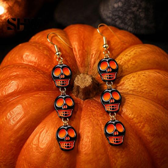 Retro Statement Earrings 1 Pair Acrylic Halloween for Women, Triple Skulls Drop Dangle Cool Alloy Ear Hooks Earrings, Gothic Jewelry Gifts Holiday