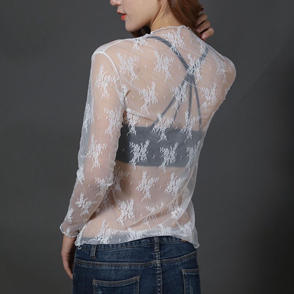 Mesh Transparent T-shirt Hollow Lace Floral  Shirts Elegant Lace Bottomed Blouse  Girls