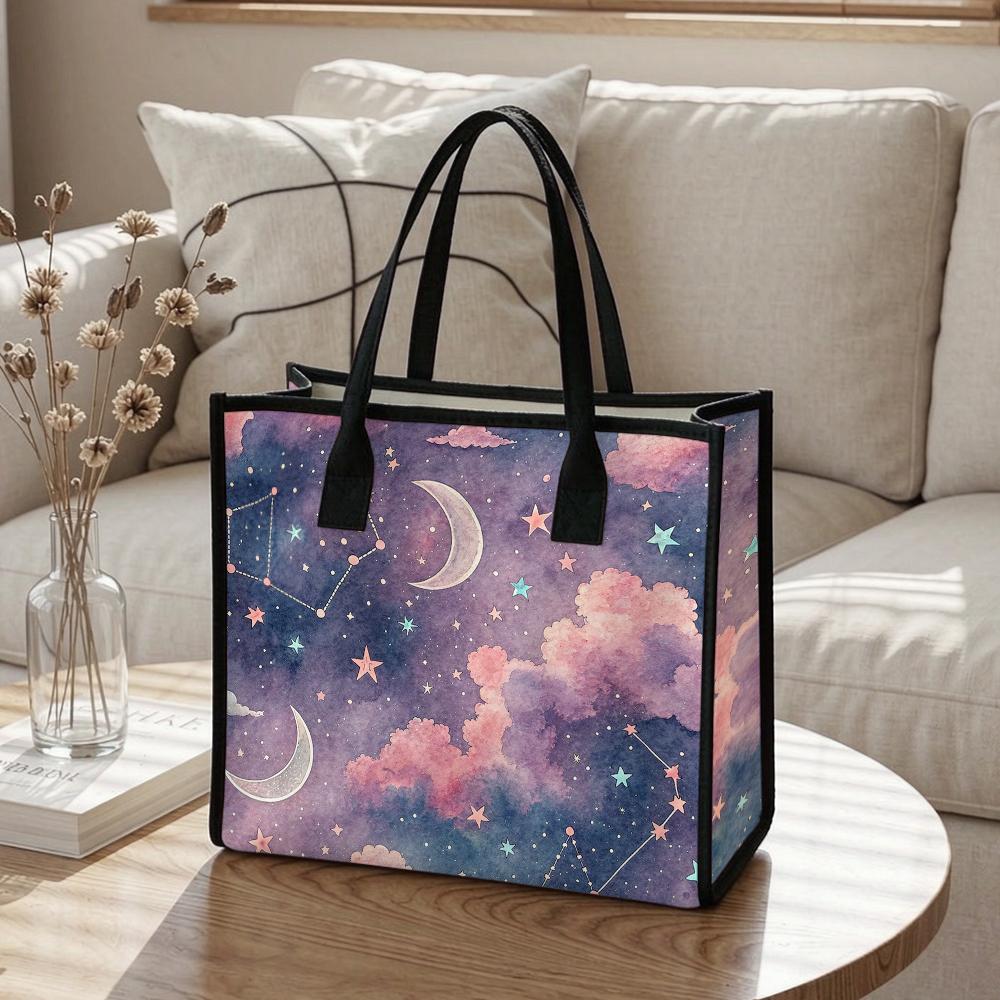 Women Star Moon Print Tote Bag Fashion Casual Daily Shoulder Handbag Large Capacity Reusable Shopping Purse