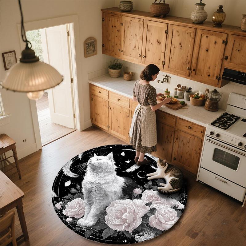 Floral Cat  Round Area Rug,Carpet Rug for Living Room Bedroom Sofa Playroom Decor,Non-slip Floor Mat