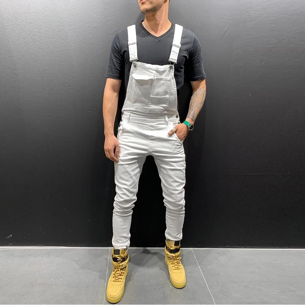Erkek Moda Denim Askıları Yıkanmış Genel Tulum Sokak Şıklığı Cep Jartiyer Pantolon