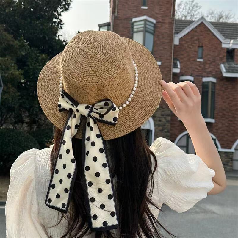 Summer Sunshade Sunscreen Straw Hat Children French Pearl Strap Big Eaves Beach Beach Bow Sun Hat Tide
