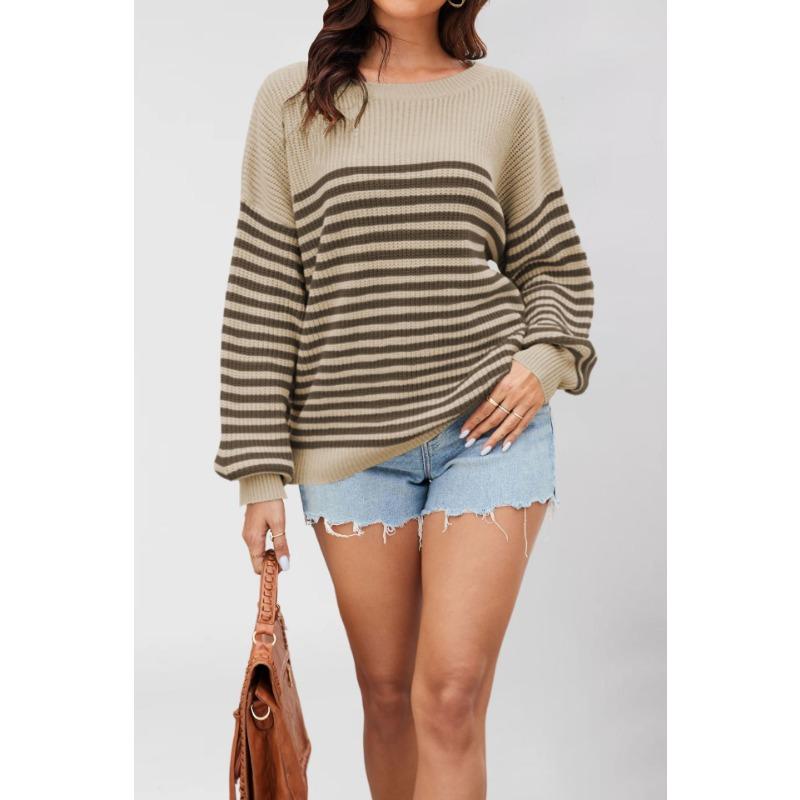 

Autumn and winter new fashion striped color matching knitted sweater long sleeve crew neck large size sweater women s clothing XL