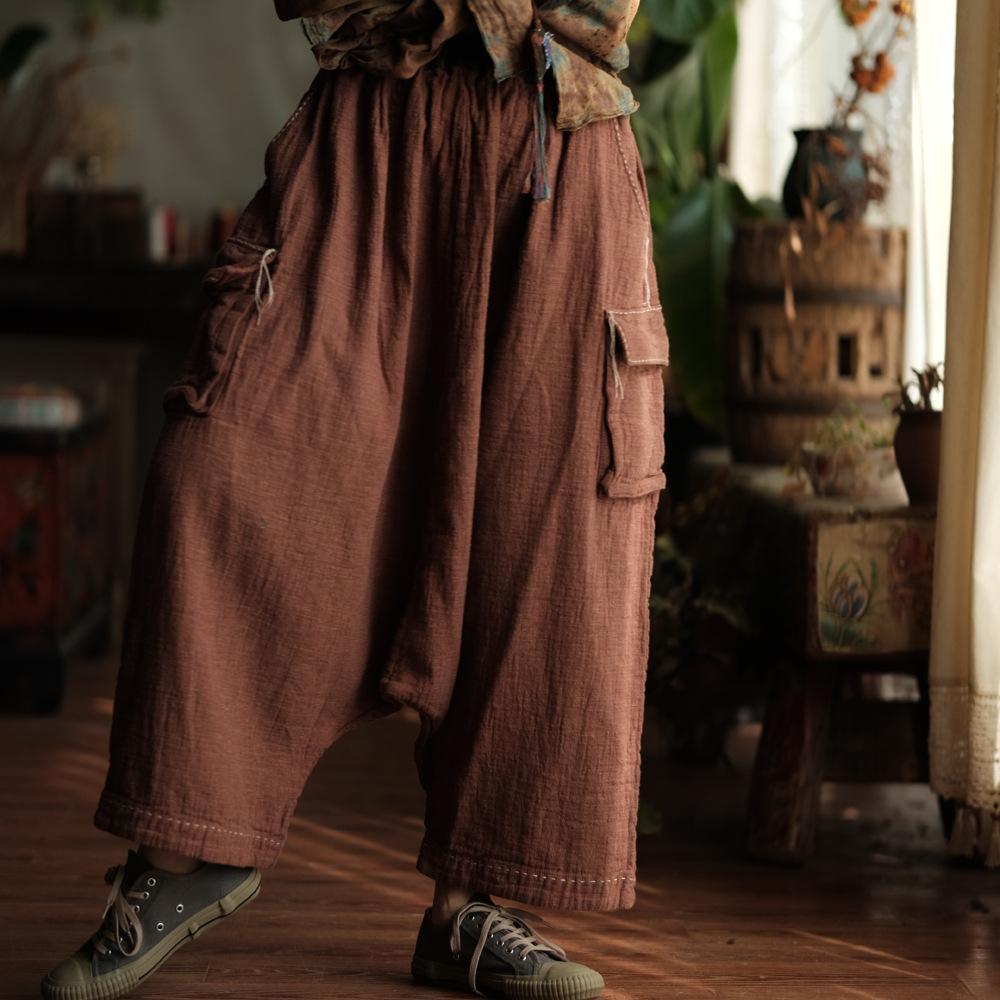 Johnature Women Vintage Pants Spring Chinese Style Pockets Solid Color Loose Soft Elastic Waist Trousers
